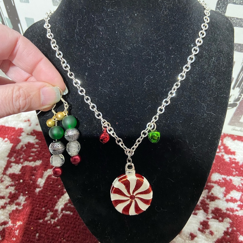 Christmas Holiday Set of Pierced Earrings and Necklace With Peppermint Pendant